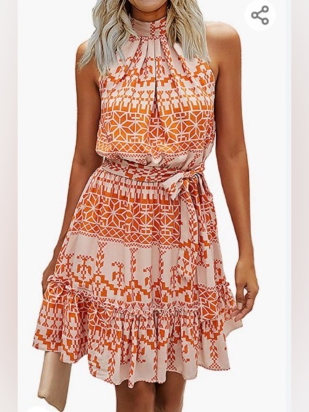BTFBM NWT Boho Style Sleeveless Orange Geo-Print Flowy Casual Chic Halter Dress